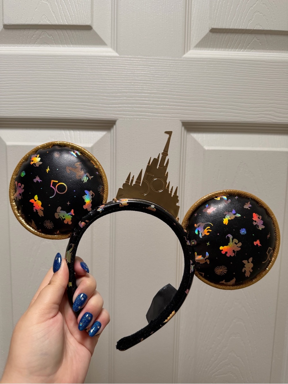 Disney Black Sparkle 50th Anniversary Minnie Mouse Ear Headband with Gold Castle